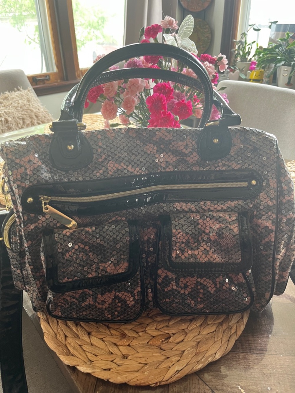 Betsey Johnson Pink Sequin Snake-Print Travel Tote with Black Trim
